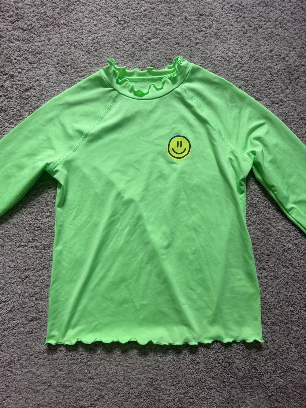 Kids Neon Green Long-Sleeve Ruffle Rash Guard with Smiley Detail - Size 8